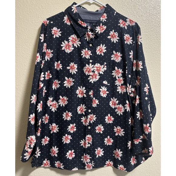 Tommy Hilfiger Tops - Tommy Hilfiger Womens 1X Button Down Blouse Navy Blue Floral Roll Tab Cotton